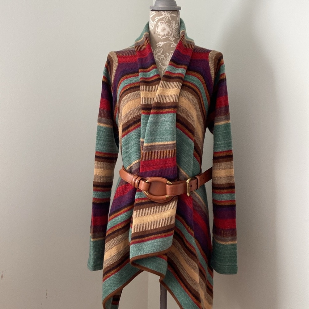 Ralph Lauren Serape Stripes Open Cardigan Waterfall Drapped Knit Wrap L to XL - Picture 14 of 15